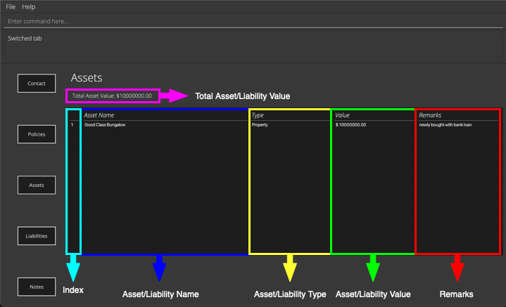 Asset/Liabilities Tab of DonnaFin